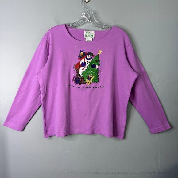 Vtg The Quacker Factory Christmas Tree Snowman Applique Long Sleeve T-Shirt Sz S - Picture 12 of 12